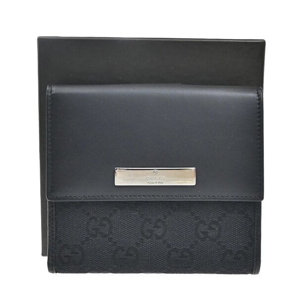 GUCCI Logo GG Pattern Bifold Wallet Canvas Leather Black SHW Italy 35KA628 - Picture 1 of 16
